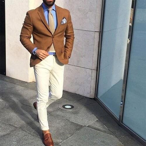 ANNIEBRITNEY Brown 2 Piece Slim Fit Men Suit With Ivory Pants Tailor Made Skinny Groom Wedding Tuxedo Prom Wedding Men Suit Set