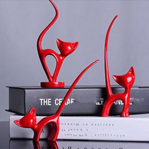 NHBR Resin Cats Family Figurines Lovely Kitten Shelf Decor Art Ornament Set of 3 Red