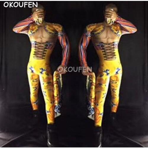 Nightclubs male singer DJ Ds muscle pattern costumes Chinese Style Dragon Robe Party Stage performance wear