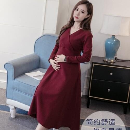 2021 Autumn and Winter Elegnant V Neck Maternity Women Clothes for Pregnant Women Pregnancy Breastfeeding Nursing Dress Outfits