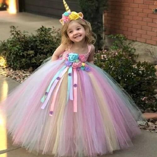 Girl Pastel Flower Dress Pattern Kids Crochet Tutu Dress Tulle Strap Ball Gown with Children Party Costume Dress