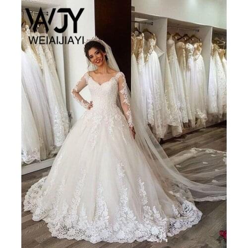 Vintage V Neck Long Sleeve Lace Ball Gown Bridal Wedding Dress Cheap Dresses Sheer Sweep Train Vestido De Novia Robe De Mariee