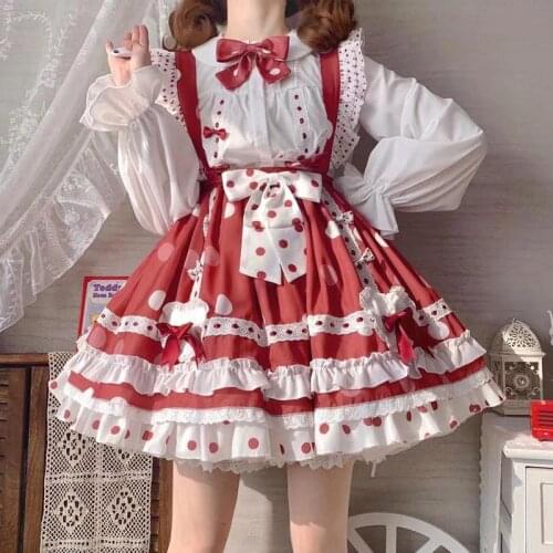 Jk Lolita Skirt Japanese Cute Dots Ruffle Baby Doll Spaghetti Strap Skirt For Women Kawaii Long Sleeve Bow Sweet Blouse Suit Y2k