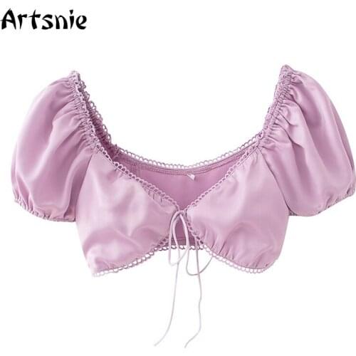 Artsnie Hollow Out Sexy Crop Tops Women Summer 2021 V Neck Puff Sleeve Lace Up Blouses Purple Satin Ladies Cropped Tops Blouses