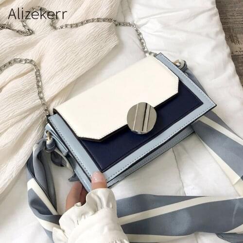Scarf Panelled Shoulder Bag Women 2019 New Fashion Korean Designer Chain PU Leather Messenger Bag Ladies Casual Small Square Bag