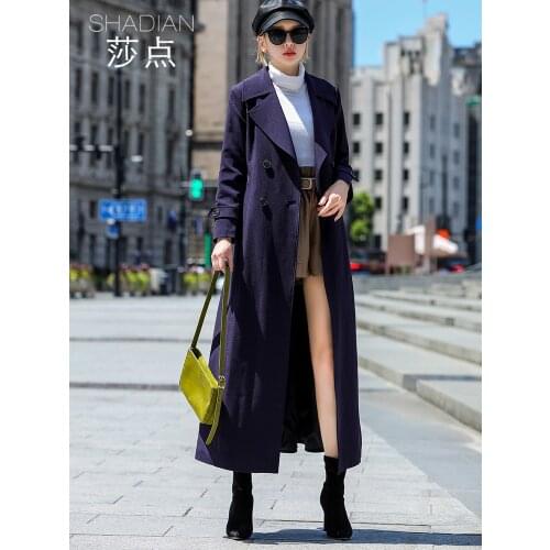 Womens Windbreaker High-end Atmosphere Hepburn Style Temperament Coat Autumn and Winter Blue Coat Over the Knee