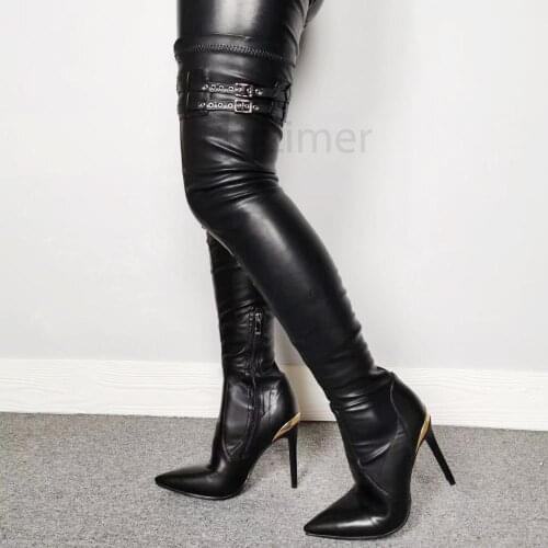 BERZIMER Spring Summer Women Thigh High Boots Stretchy Heels Zapatos Mujer Botas Over Knee Black Shoes Woman Large Size 39 44 47
