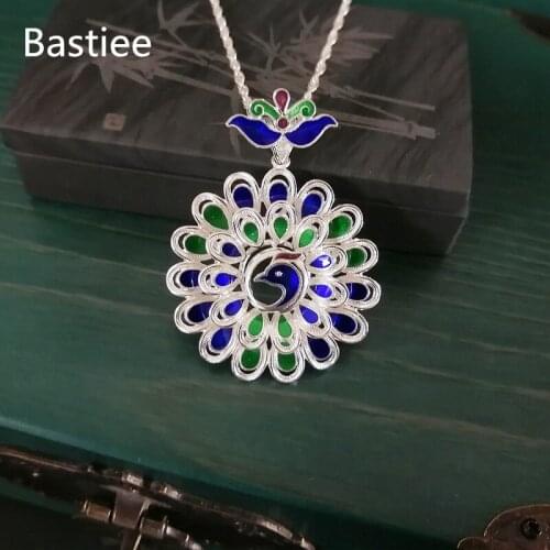 Bastiee 999 Sterling Silver Peacock Pendant For Women Cloisonne Enamel Blue Pendants Hmong Handmade Ethnic Luxury Jewelry