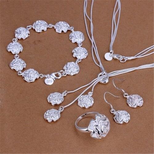 Hot fashion 925 sterling Silver Rose flower rings Bracelet necklace earrings Jewelry set for women Party wedding Holiday gifts