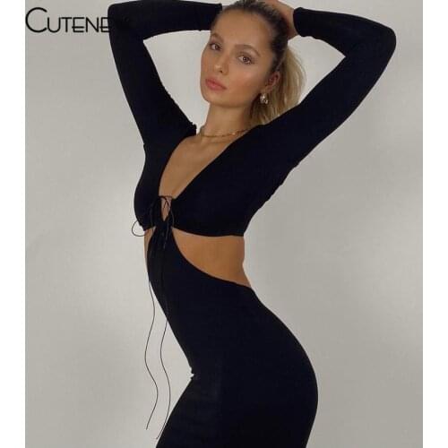 Cutenew Solid Sexy Hollow Out V-Neck Long Sleeve Bodycon Dress Women Summer Elegant Skinny Split Stretch Lady Dresses Streetwear