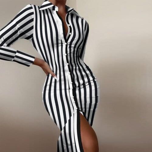 Women Autumn Long Sleeve Stripe Print Shirt Dress Sexy Lady Buttons Sheath Party Dress Casual Turn-Down Collar Plus Size Dresses