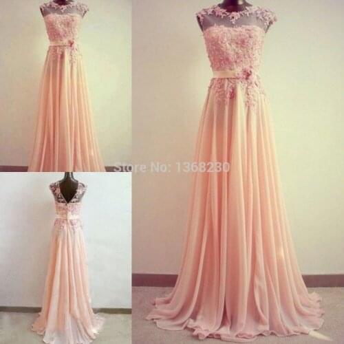 2018 Long Prom Dresses A Line High Crew Neck Short Cap Sleeve Chiffon Formal Gown with Sheer Lace Appliques and Sash Hot Sale