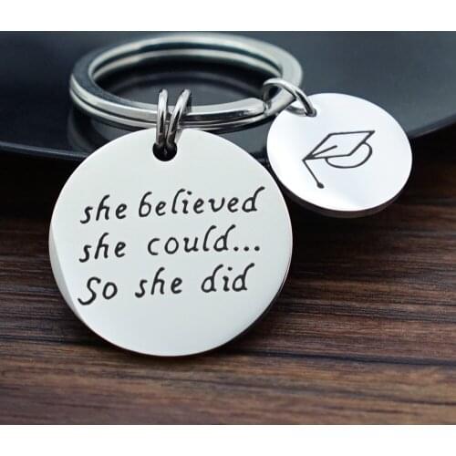 3pcs/Lot Stainless Steel Mirror Polish She Believed She Could Letter Round Key Chain Key Ring For Women Girl Jewelry Gifts