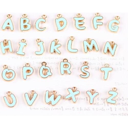 Free Shipping Mini Order 26PCS Mix A-Z Mint Blue Alphabet Letter Charms Enamel Jewelry Bracelet Phone Chain Keyring Alloy Charm