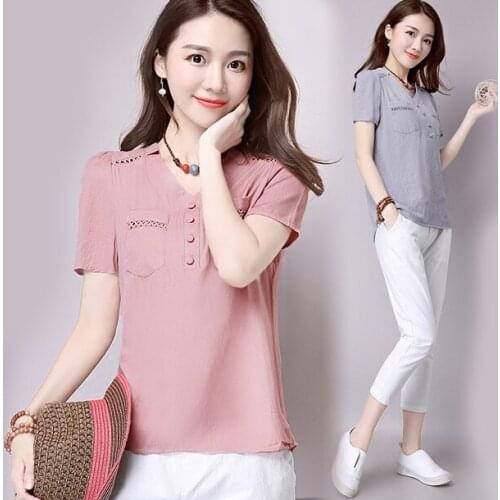 Summer New 3XL 4XL Women Slim White Grey Short Sleeve V Neck Linen Blouse Shirt , Casual Female Woman Hollow Out Blouses Shirts