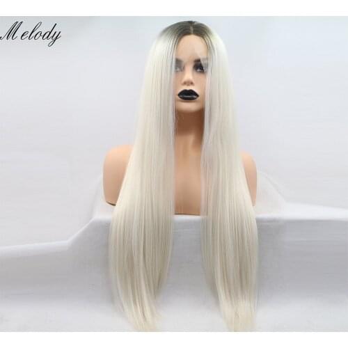 Melody Long White with Brown Root Silky Straight Synthetic Heat Resistant Fiber Lace Front Wigs for women, Drag Queen Wig