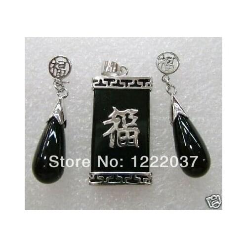 Pretty green purple black stone Blessing pendant necklace earring womens set