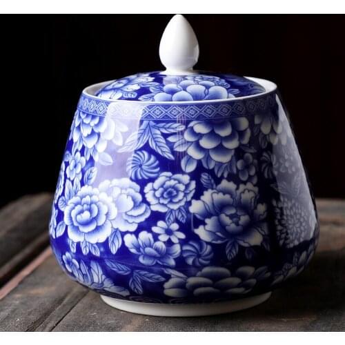 Creative Blue Flower Ceramic Storage Jar Bookcase Decoration Household Large Capacity Sealed Tea Caddy Box Countertop Decoration