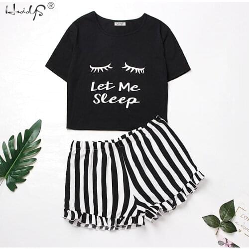 Summer Women Pajamas Set Cartoon Casual Sleepwear Eyelash Print Tshirt Womens Home Wear Pyjamas Suit Female Short Sleeve Top