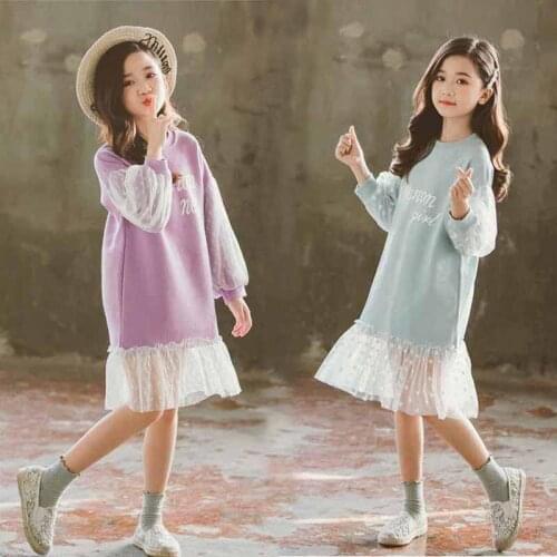 Fashion Girls Dress Straight Dress Long Sleeve Round Neck Casual Mesh Gauze Hem Dress