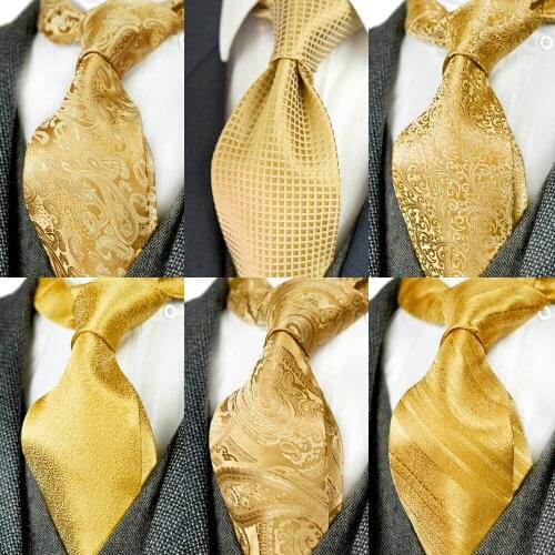 Solid Floral Paisley Yellow Gold Mens Ties Neckties 100% Silk Jacquard Woven Tie Sets Pocket Square Party Wedding Free Shipping