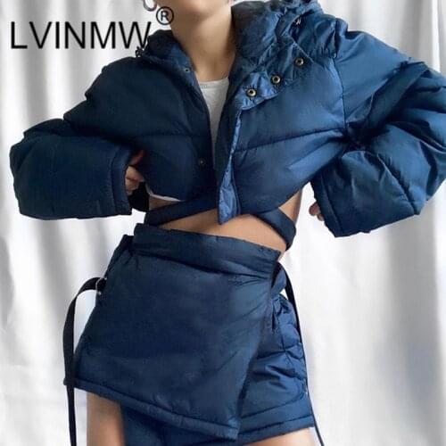 LVINMW Plain Warm Chic Casual Slim Winter Dress Suits Hooded Button Up Long Sleeve Short Parkas Irregular Bandage Mini Skirts