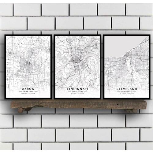 Akron Cincinnati Cleveland Columbus OH Ohio USA United States of America Map Poster
