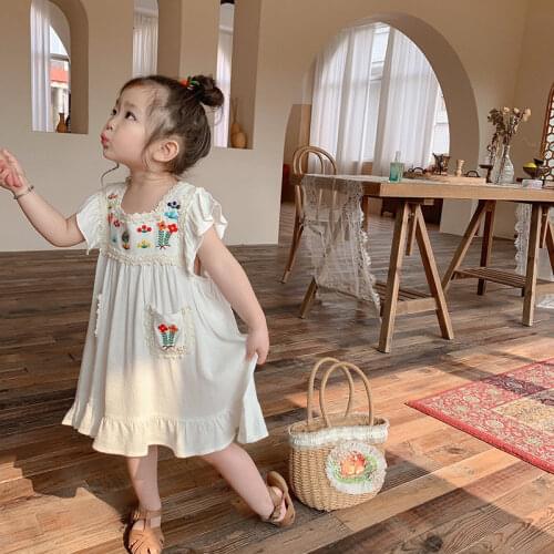 Girls Flower Embroidered Dress Summer Retro Flying Sleeve Princess Dresses 3-9 Years Children Casual Clothes Fashion vestidos