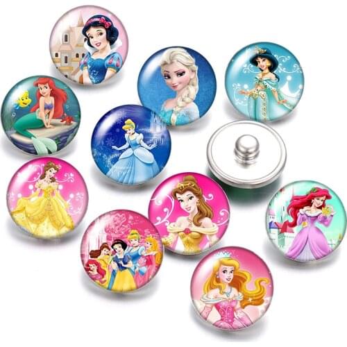 Princesses Elsa Belle Snow white 10pcs Round photo glass cabochon 18mm snap buttons for 18mm snap bracelets jewelry wholesale