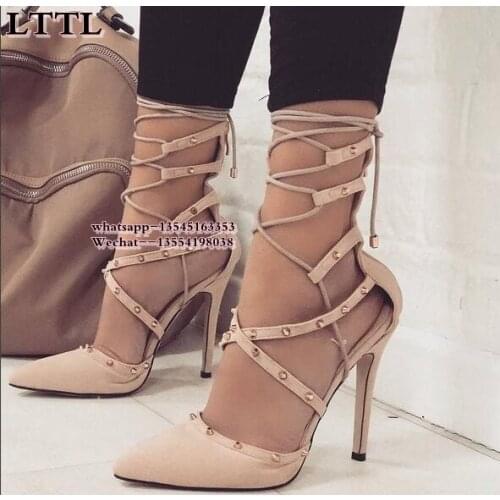 Roman gladiator Sandals Women Thin Heel Pumps Booties Ladies Sexy Hollow Cross Lace Up Rivets Stiletto High Heels Shoes Women