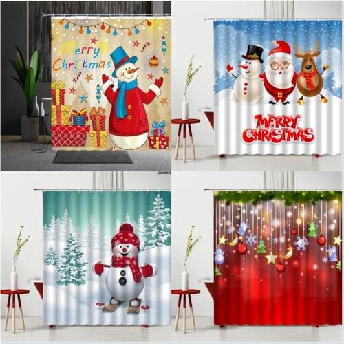 Christmas Shower Curtains Funny Snowman Santa Claus Gift Snowflake Fir Xmas Tree Party Background Decor Bathroom Hanging Curtain
