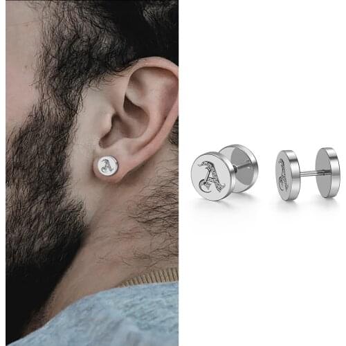 Silver Color Barbell Ear Studs Earrings for Men Women Stainless Steel Initial Letters A-Z Small Earrings Name Jewelry DKE206