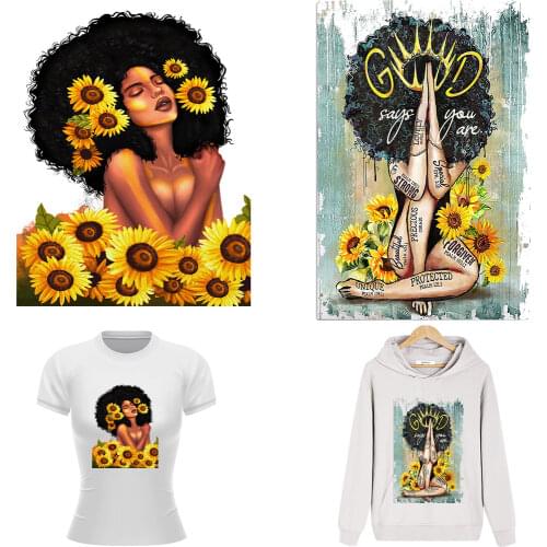 Heat Thermal Transfer Sticker Patches For Clothing Sunflower Black Afric Woman Stripes Iron On Patches Appliques DIY Cloth Patch