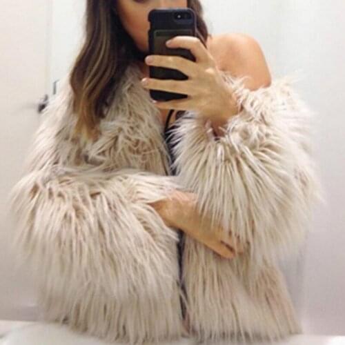 Warm Faux Fur Coat Winter Women 2021 Elegant Short Yellow Hairy Furry Fake Fur Overcoat Oversized Loose Fluffy Outerwear O Neck