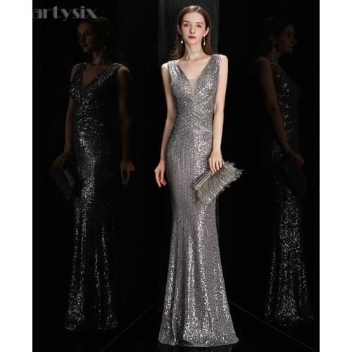 Partysix Women Elegant Sequined Evening Dress Deep V Neck Backless Sexy Robe Female Sleeveless Ladies Mermaid Party Dress