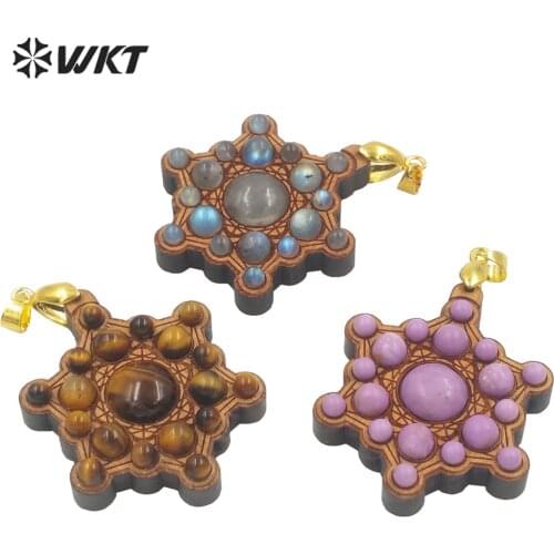 WT-P1716 WKT New Hexagon gold handmade wood stone Healing pendant European natural stone Labradorite stone jewelry