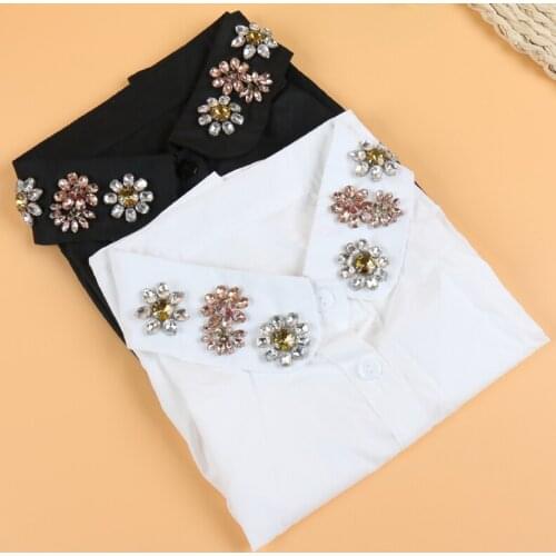 Fashion Bead White & Black Tie WomensPink glass rhinestone fresh flower shirt Lapel Blouse Top Women Clothes Accessories