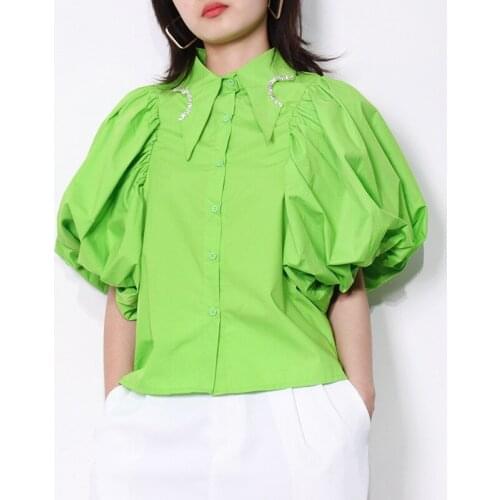 Faashion Green Color Lantern Sleeves Women Tops Turn-Down Neck Retro Vestido Short Sleeve Shirt Women Camisas De Mujer