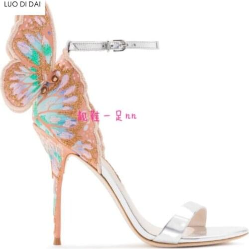 2019 New women multi color sandals wings high heels party shoes butterfly sandals summer mix color sandals wedding shoe
