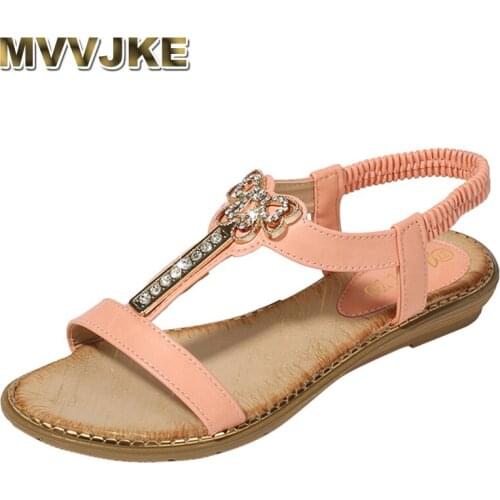 MVVJKE summer women ladies bohemia elastic crystal butterfly flat sandals beach shoes flat sole ladies casual soft big