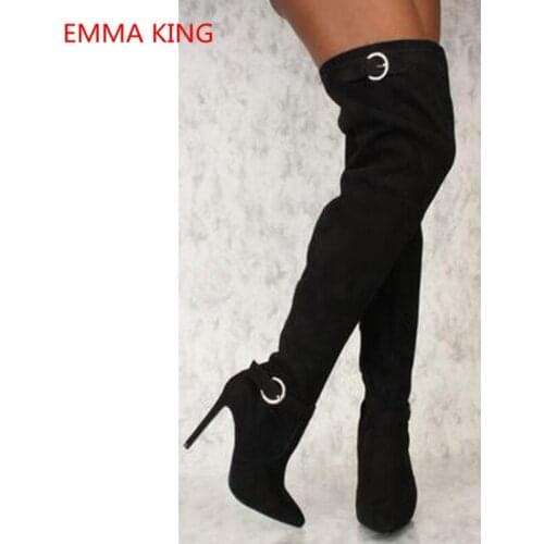 2018 Winter Fashion Party High Heels Shoes Woman Pointed Toe Belt Buckle Decor Thigh High Boots Black Suede Womens Long Boots