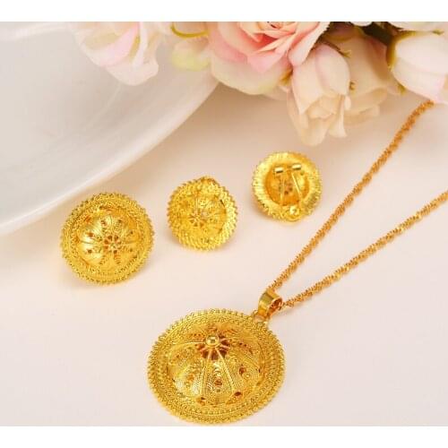Bangrui Gold Color Ethiopian Jewelry set Bride Wedding Pendant Necklace Earring Ring African women Eritrea Habesha sets gift