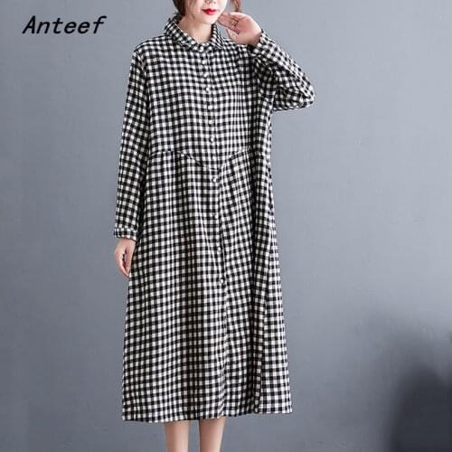 Anteef long sleeve plus size cotton vintage plaid dresses for women casual loose spring autumn shirt dress elegant clothing 2021