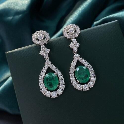 100% S925 Silver Color Vintage Emerald Hollow Out Water Drop High Carbon Diamonds Drop Earrings For Women Party Fine Jewelry