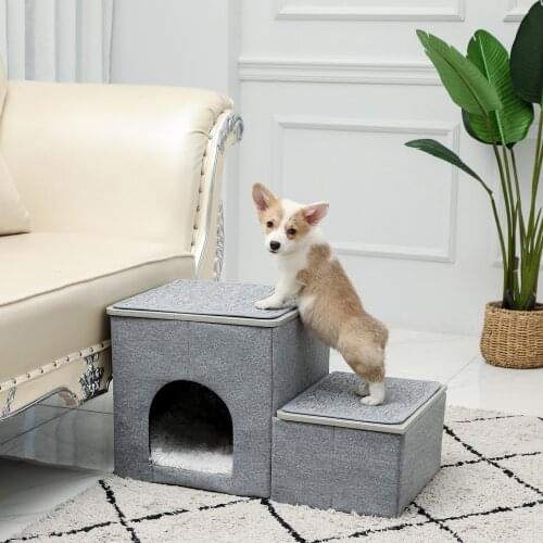 2 in 1 Pet Steps Dog Stairs Ramp Portable Home Ladder with A Deluxe House Dog Cats Removable Non-Slip Ramp Climbing Stair Beds