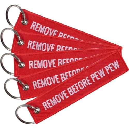 5 PCS/LOT Red REMOVE BEFORE PEW PEW Keychain For Aviation Gift Christmas Keychains Luggage Tag Embroidery Crew Key Chain