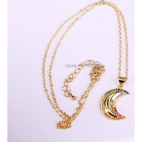 6PCS, Micro Pave CZ Crescent Moon pendant necklace, rainbow colorful cz chain necklace