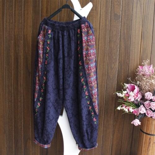 National Retro Cotton Linen Trousers Women Spring Autumn Elastic Waist Printed Embroidery Lantern Pants Casual pantalon femme
