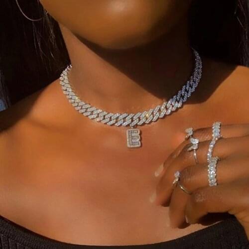 Iced Out Hip Hop Crystal 26 Baguette Letter Choker Necklaces for Women Men Thick Miami Cuban Link Chain Necklace Punk Jewelry