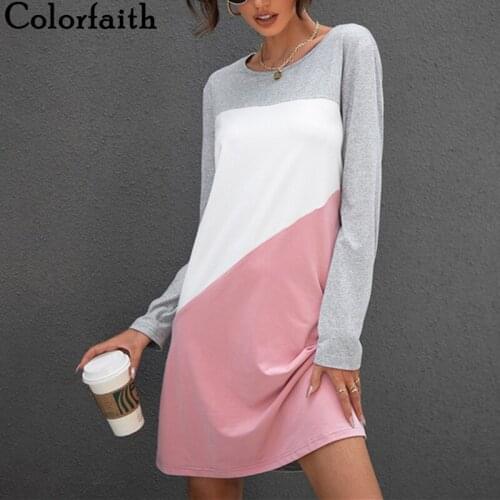 Colorfaith Color Blocking New 2021 Women Spring Autumn Dresses Elegant Lady Vintage Fashionable Oversized Pink Dresses DR3237AB